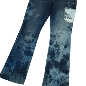 Lee Patchwork Dark Blue Bleach Wash Bootcut Jeans 12L Boho Festival Stretch 12L
